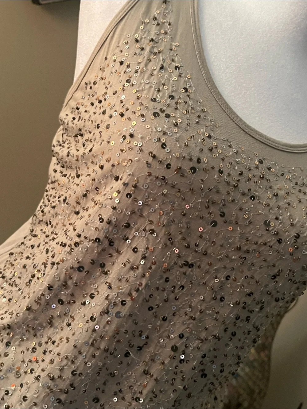 Michael Kors sequin & bead embellished taupe tank top L